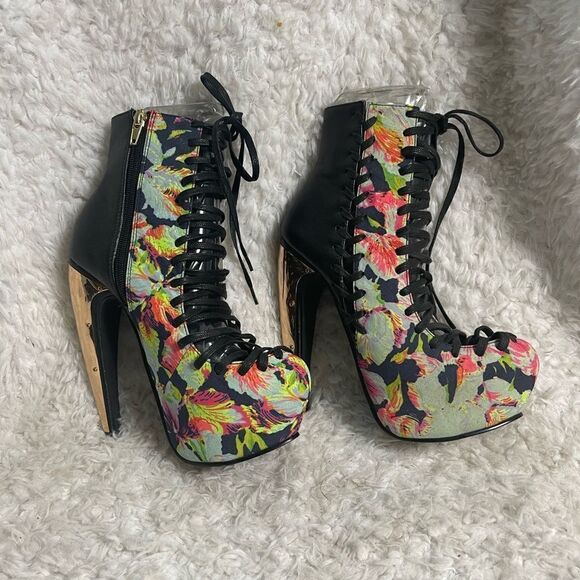 Privilege Stayhigh Floral multi color lace up hidden platform ankle boots size6 - Picture 6 of 14